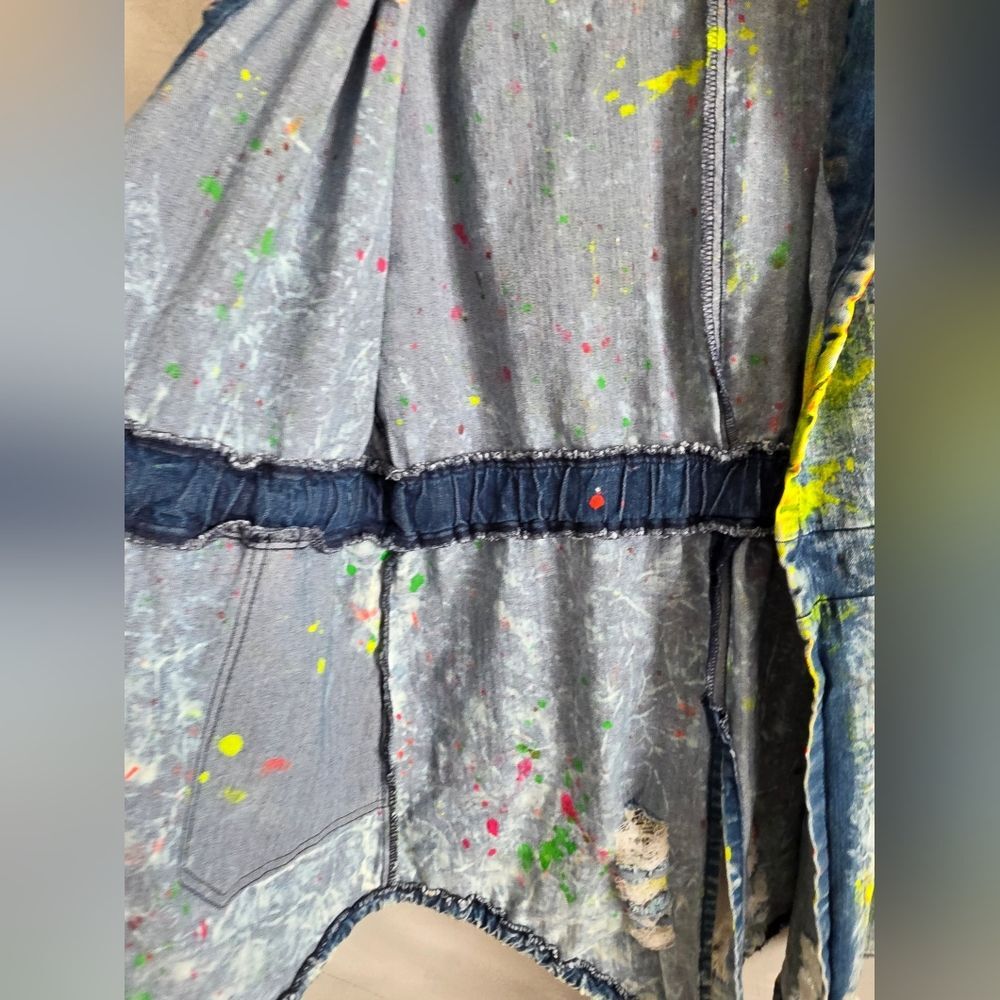 Aphrodite Acid Wash Denim Paint Splatter Open Frnt Long Jacket L Distress Hood - Picture 6 of 14